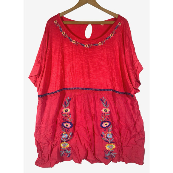 Westbound Top Tunic 1X Coral Pink Embroidered Floral Empire Waist Boho Peasant - Picture 1 of 11